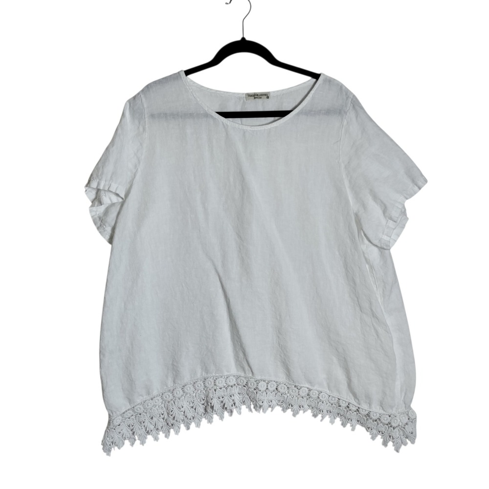 Terzo Millennio White Crochet Lace Hem Linen Blouse Top Made in Italy Womens 2X